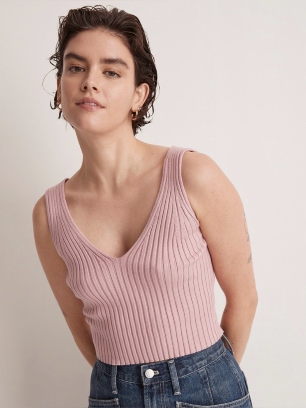 Madewell Knit deep double v neck sweater tank in dusty pink, size xs